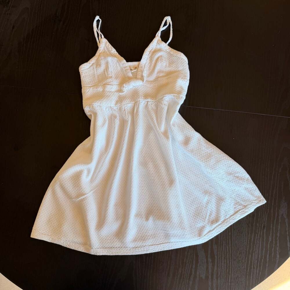Roxy White Textured Waffle Weave Spaghetti Strap Babydoll Mini Dress